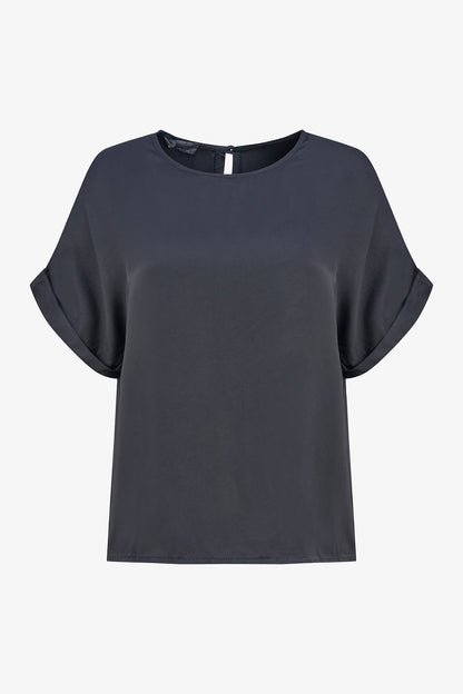 Women's Woven Crew-Neck Top, Short Cuffed Sleeves & Back Button