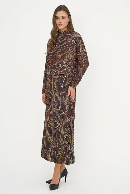 Women's Printed Woven Mock-Neck Caftan Top with Long Sleeves