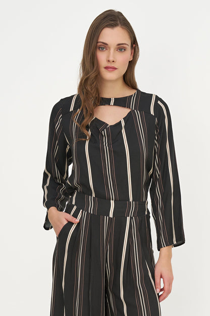 Women's Printed Woven Top with Long Sleeves & Chest Cutout Detail