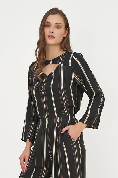 Women's Printed Woven Top with Long Sleeves & Chest Cutout Detail