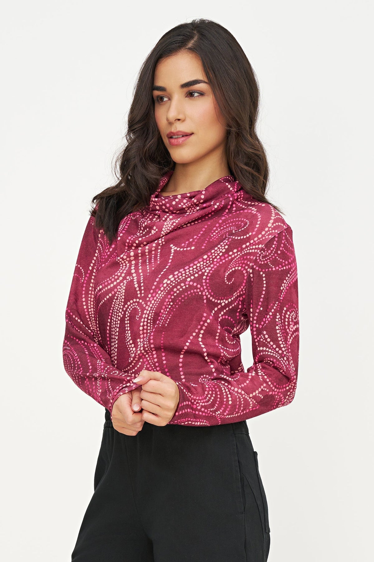 Women's Printed Knit Cowl-Neck Top with Long Sleeves