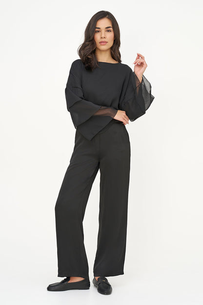 Women's Woven Crew-Neck Top with Long Layered Bell Sleeves