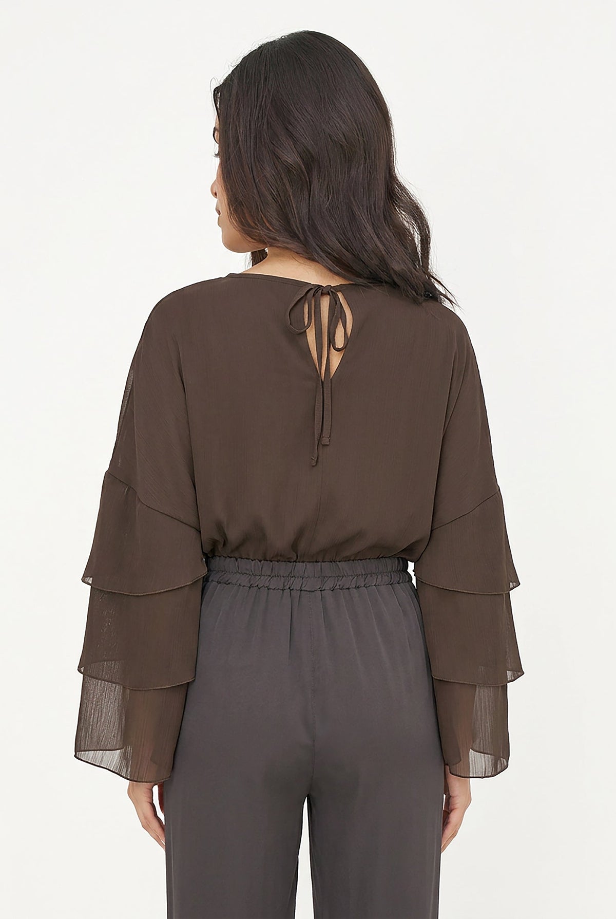 Women's Woven Crew-Neck Top with Long Layered Bell Sleeves