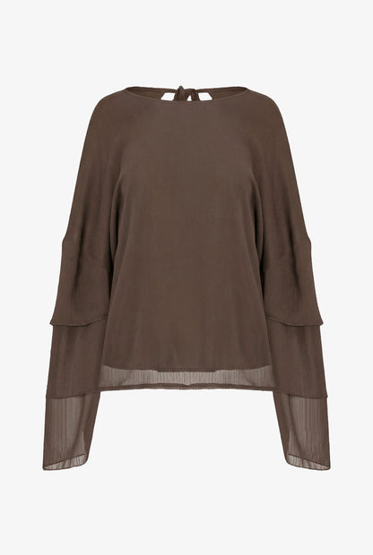 Women's Woven Crew-Neck Top with Long Layered Bell Sleeves