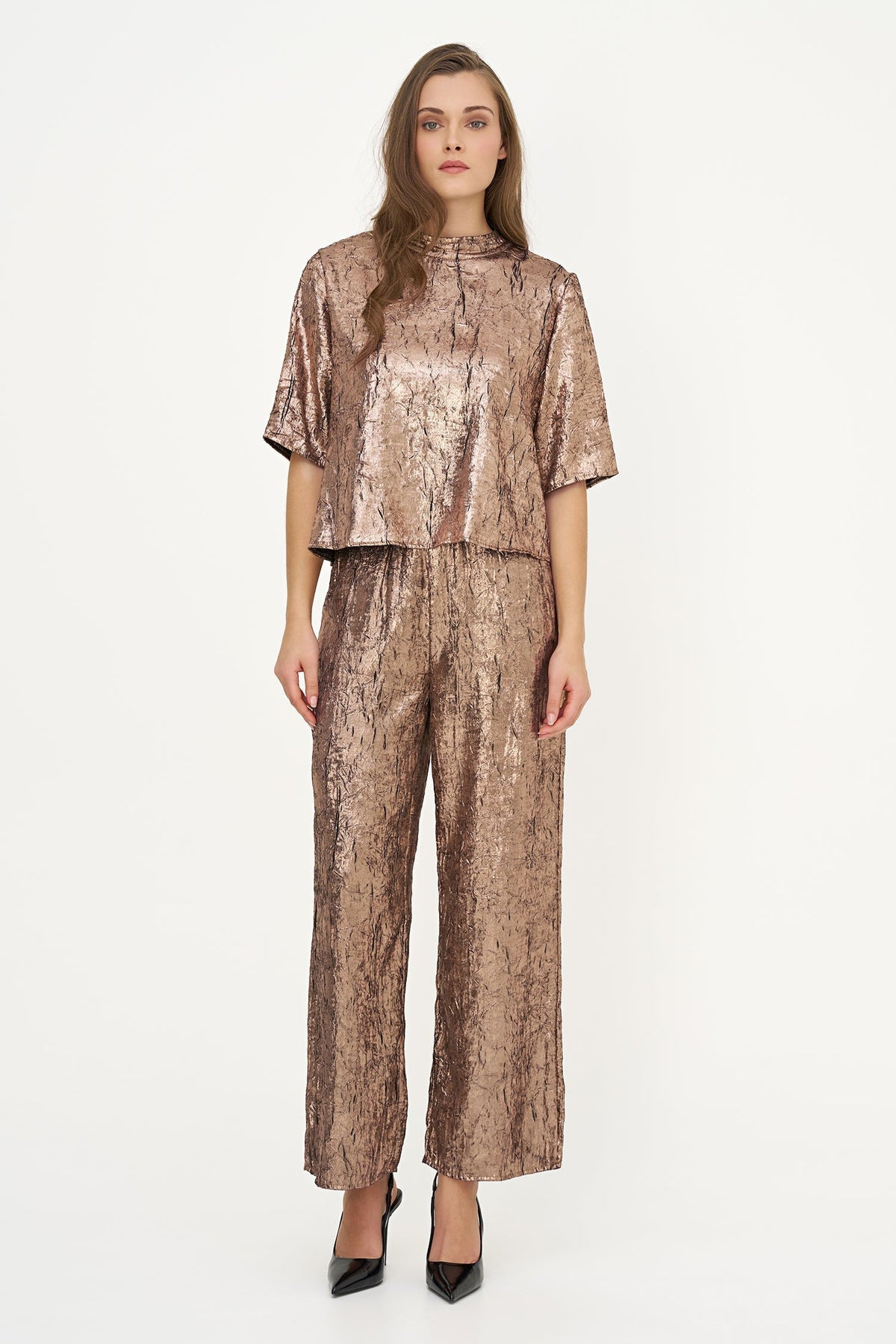 Women's Woven Mock-Neck Top with Elbow-Length Sleeves