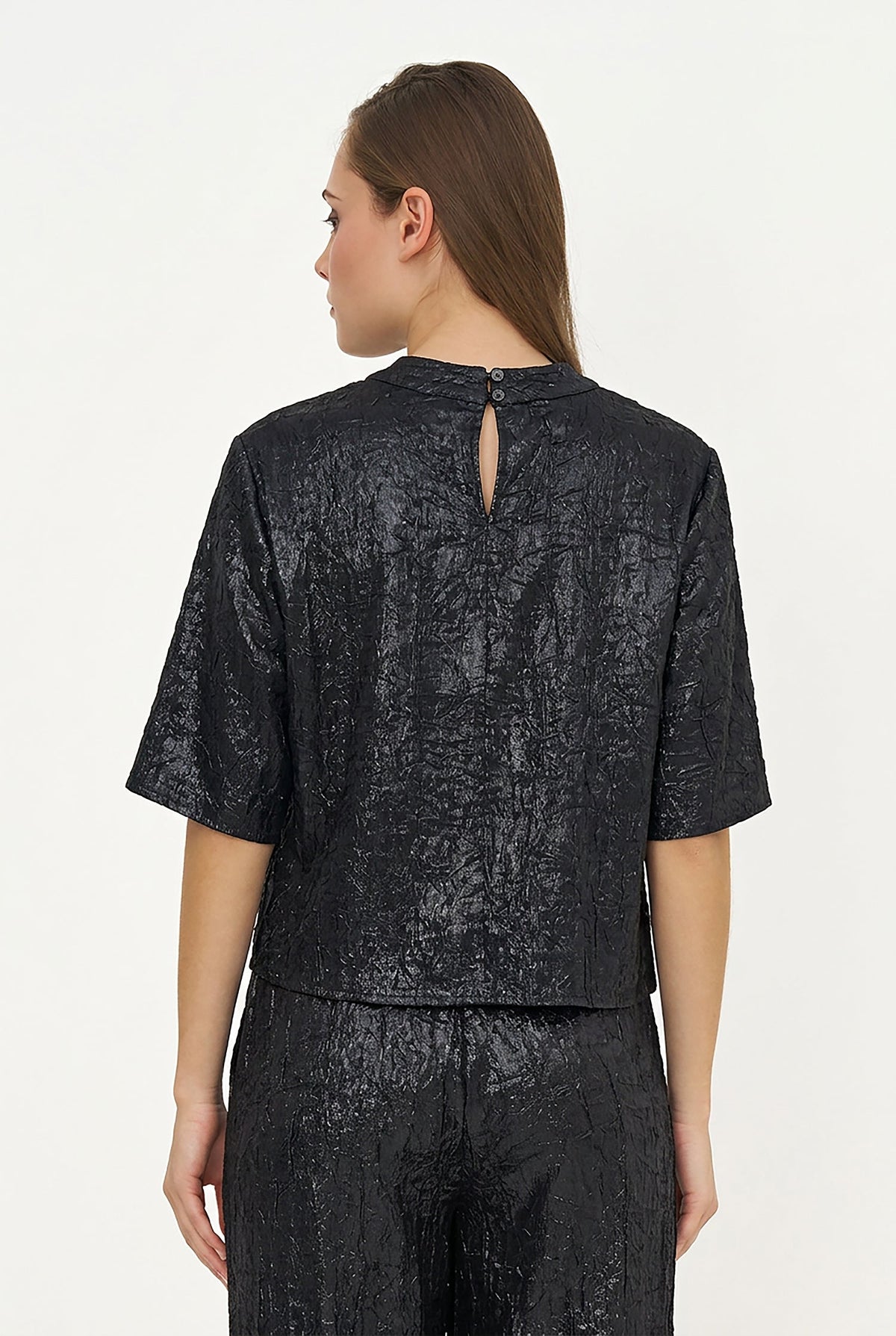Women's Woven Mock-Neck Top with Elbow-Length Sleeves