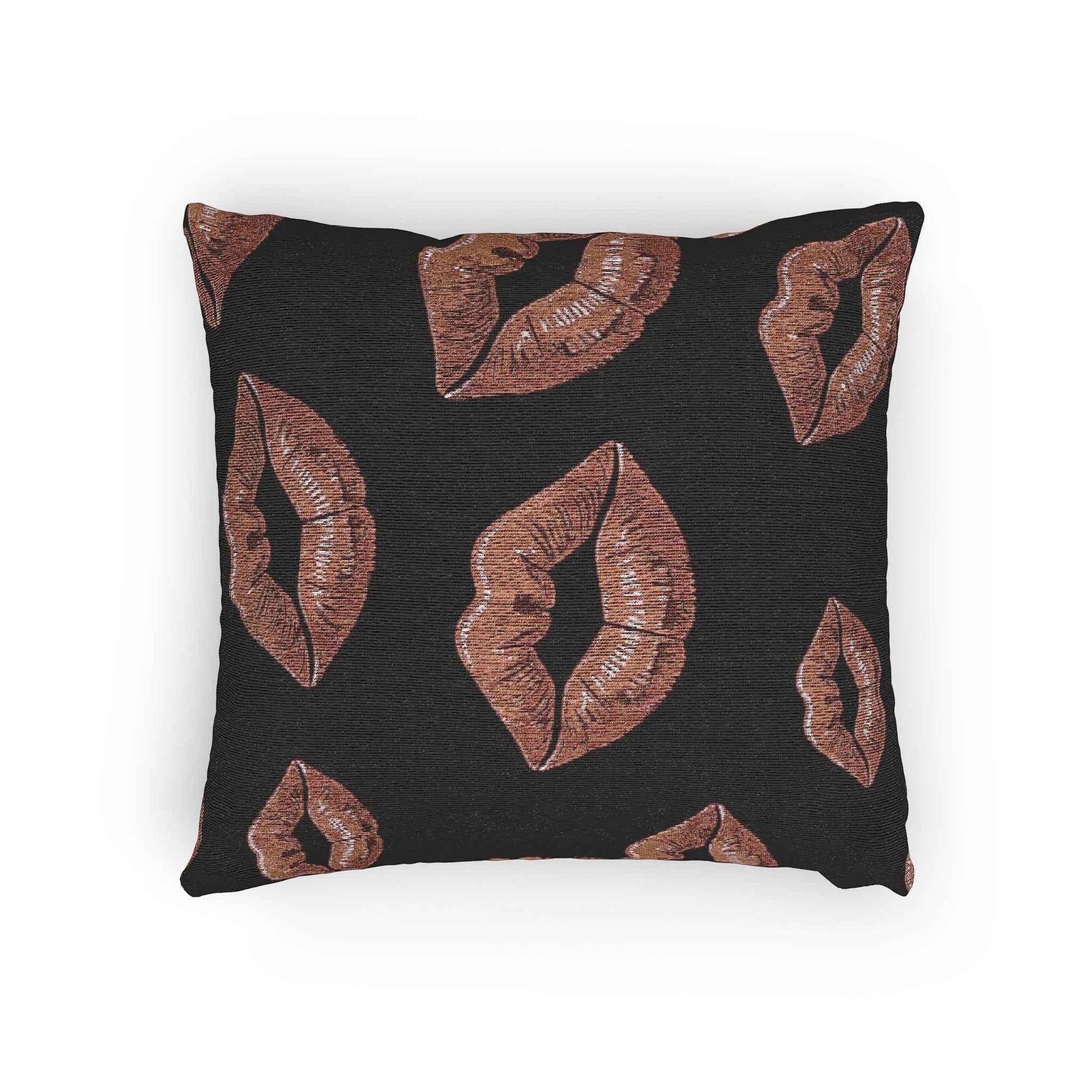 Rose Gold Lip Print Woven Pillow | Black Background, Decorative Throw Pillow