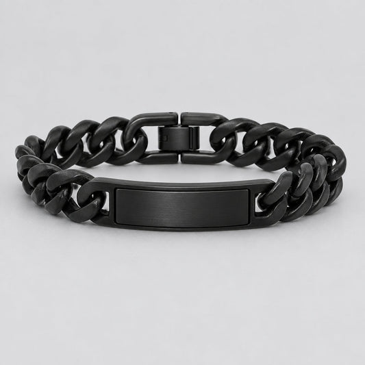 Men’s Black Stainless Steel Cuban Link ID Stealth Biker Bracelet