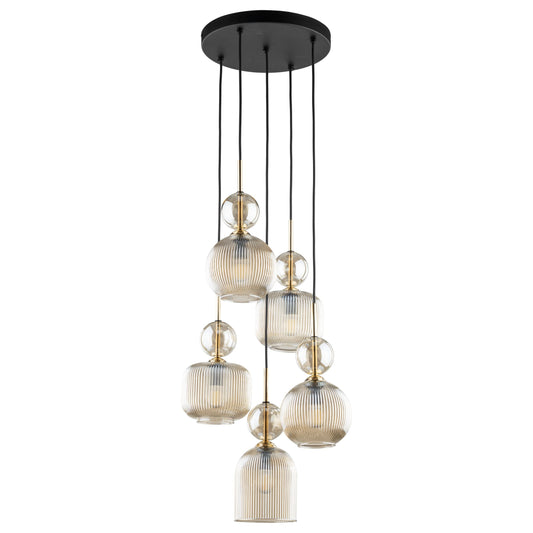 SOPHIA Cognac Ribbed Glass 5-Light Cluster Pendant for Dining, Living Room & Hallway