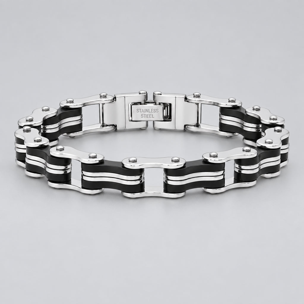 Men’s Stainless Steel Bicycle Chain Bracelet. Black & Silver Biker Style