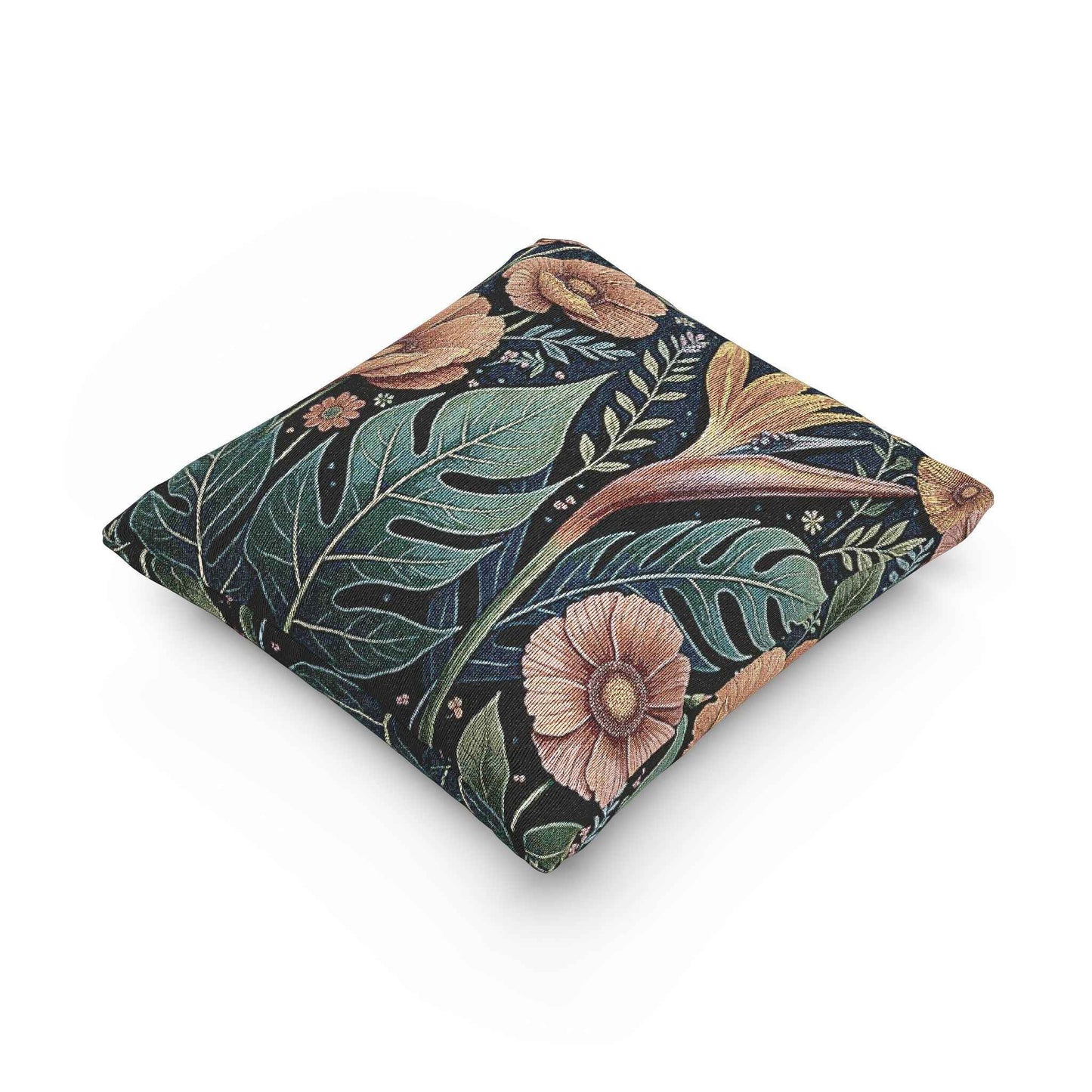Tropical Floral tapestry pillow | woven botanical throw pillow, vintage jungle design