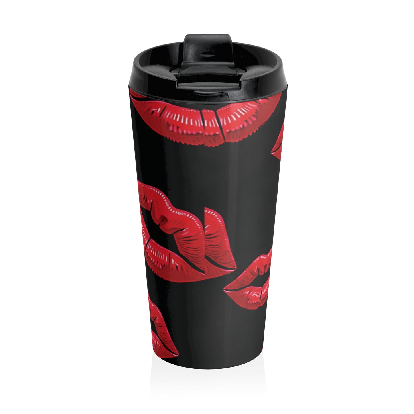 Red Lipstick Kiss Pattern Travel Mug | Black Stainless Steel - AURABAGS SHOP