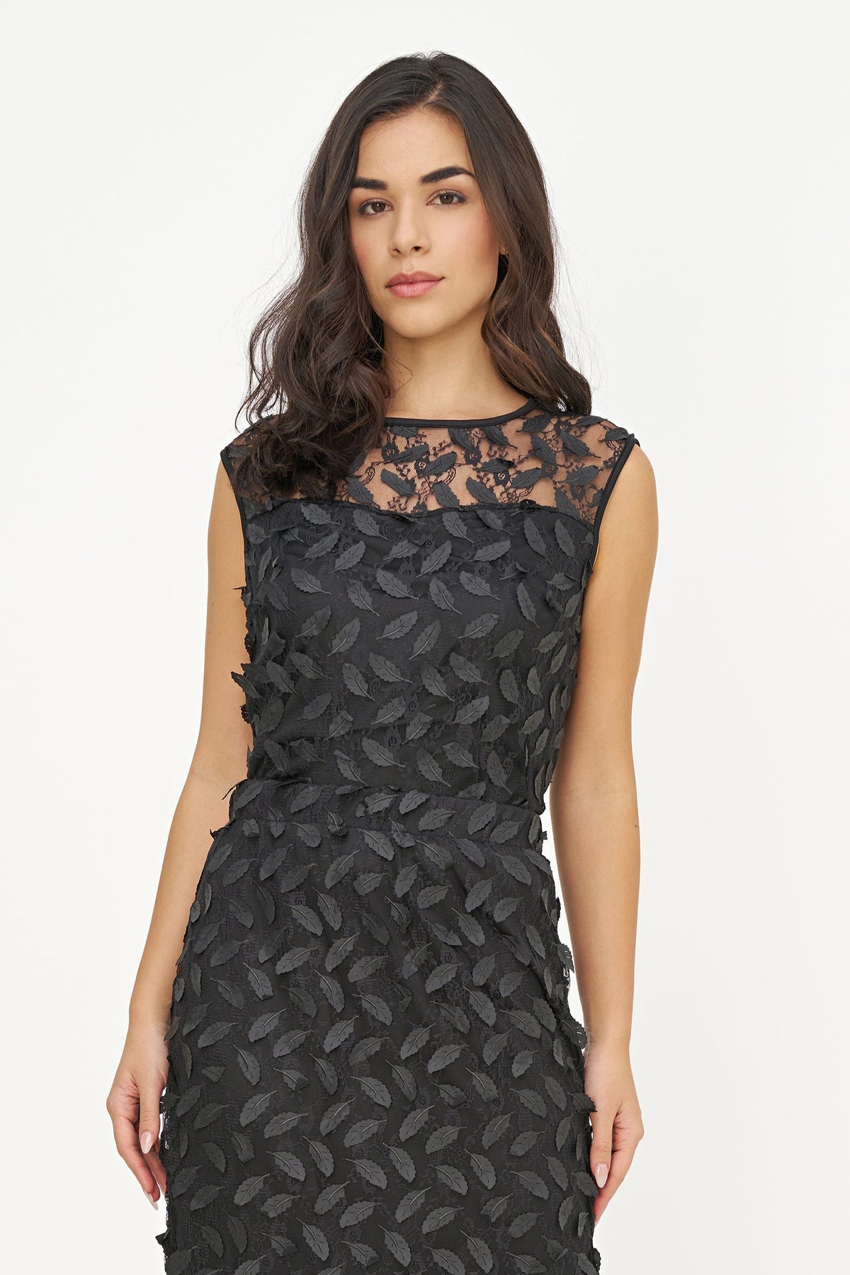 Women's Mesh-Knit Sleeveless Crew-Neck Top with Feather Details