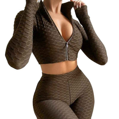 Women’s 2-Piece Yoga Workout Set – Solid-Color Zipper Top & High-Waisted Shorts