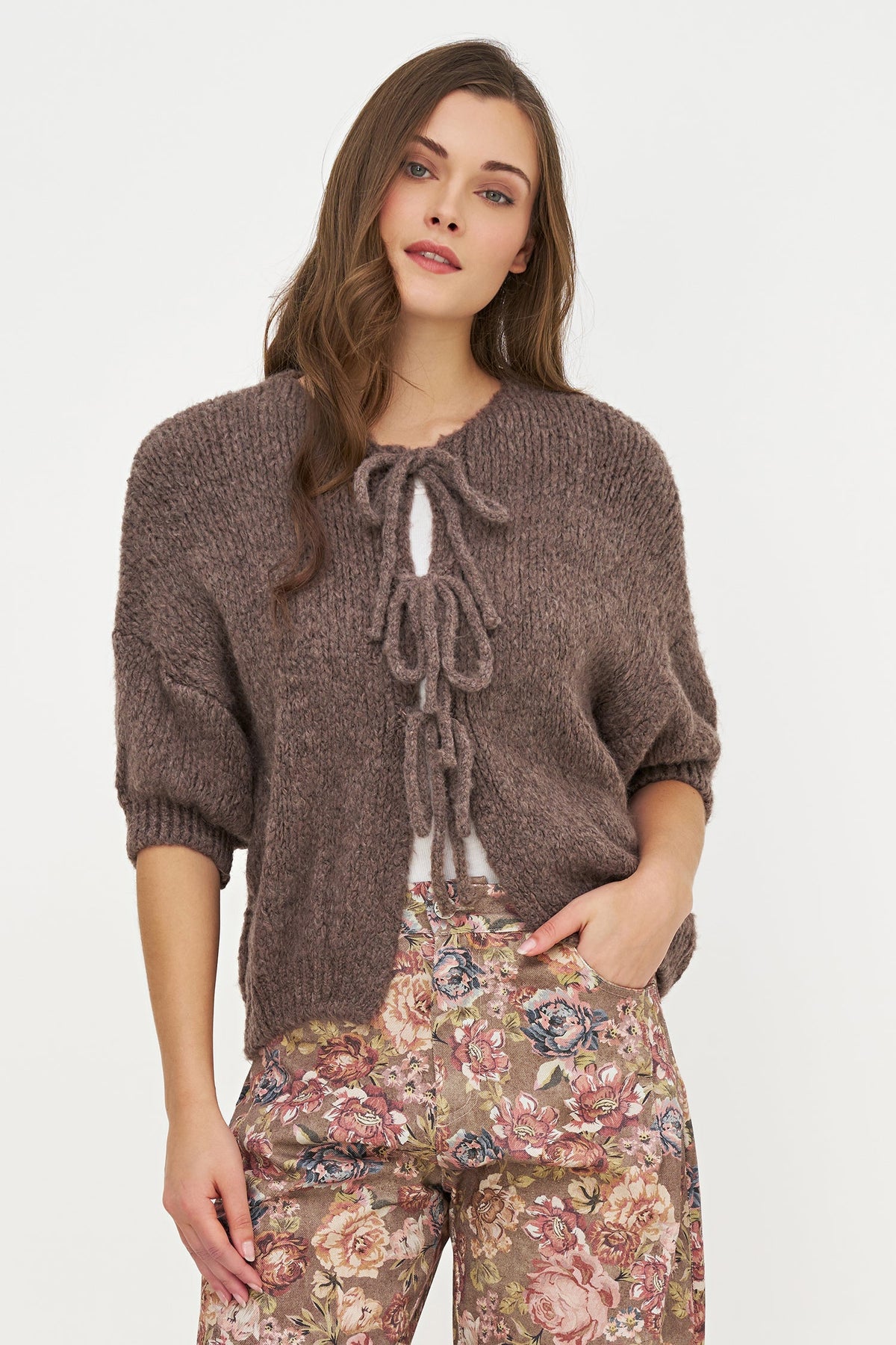 Women's Knit Crew-Neck Cardigan, Elbow-Length Sleeves & Cord Front Tie