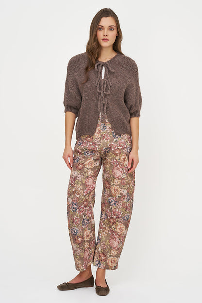 Women's Knit Crew-Neck Cardigan, Elbow-Length Sleeves & Cord Front Tie