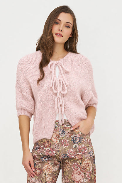 Women's Knit Crew-Neck Cardigan, Elbow-Length Sleeves & Cord Front Tie
