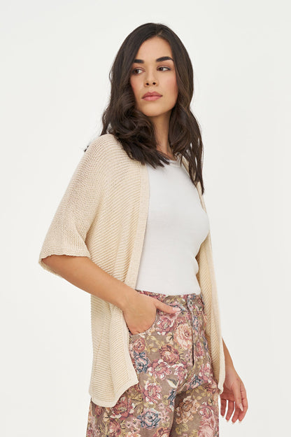 Women's Knit Open Cardigan with Elbow-Length Sleeves