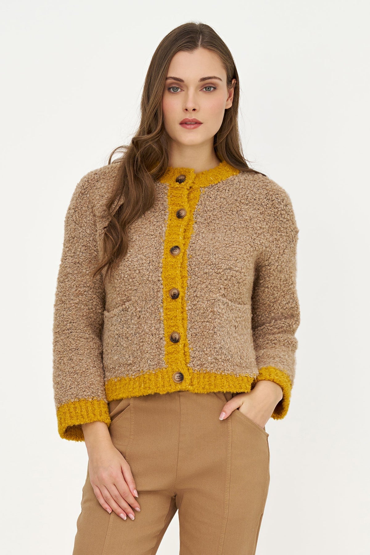 Women's Color-Block Button-Down Cardigan, Long Sleeves & Patch Pockets