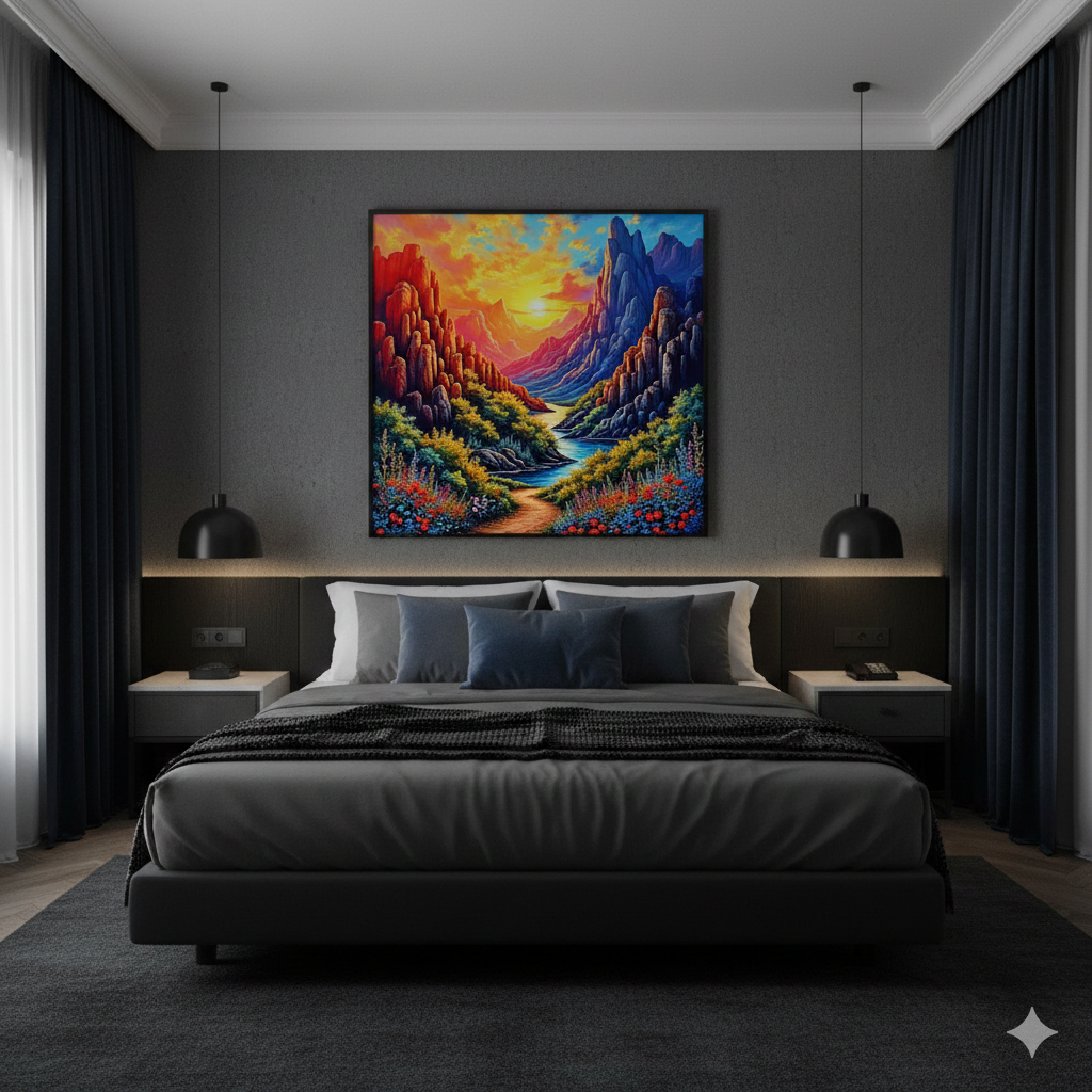 Vibrant Mountain Canyon Sunset Digital Art – High-Res River Landscape - AURABAGS SHOP
