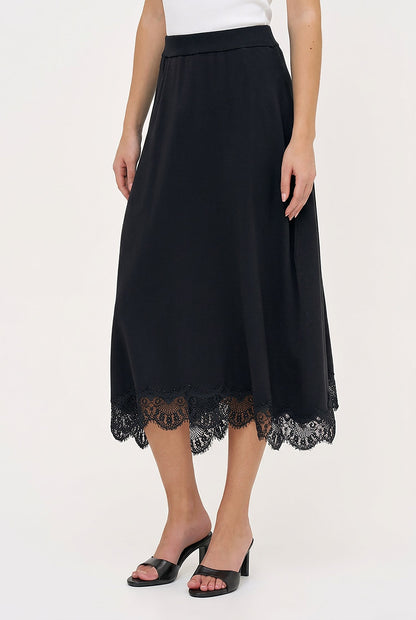 Women's Fine Knit Pull-On A-Line Skirt with Lace Trim