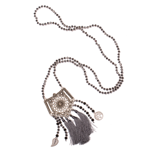 Long Crystal Necklaces With Patterned Metal Pendant