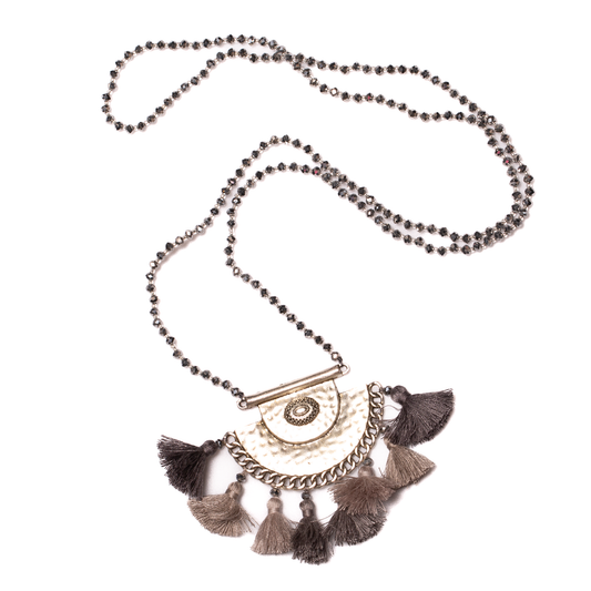 Long Crystal Necklace With Hammered Metal Pendant