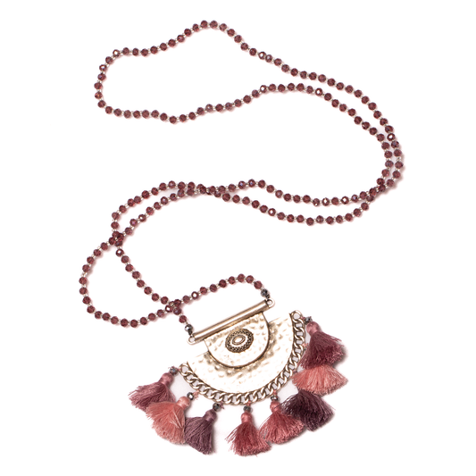 Long Crystal Necklace With Hammered Metal Pendant