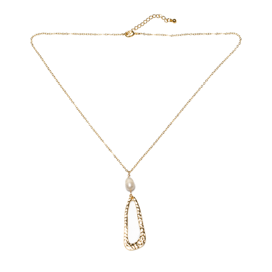 Hammered Oval Pendant With Pearl On Chain In Gold Plate