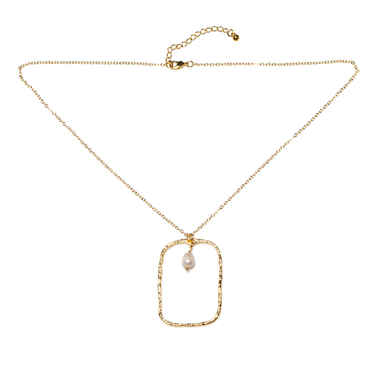 Hammered Rectangle With Pearl Pendant In Gold Plate