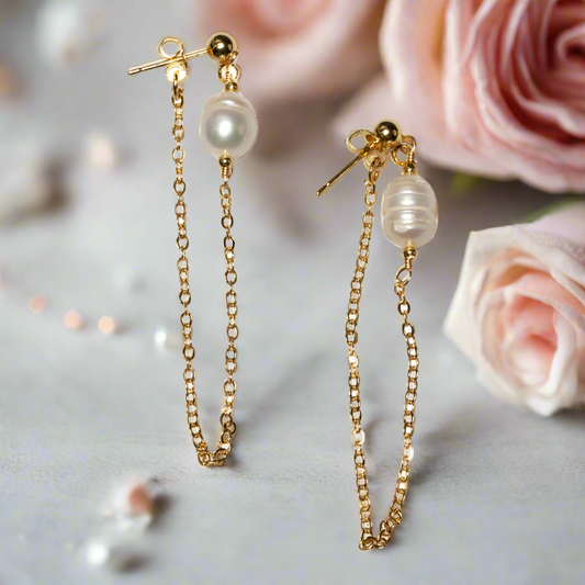 Pearl & Chain Stud Earrings In Gold Plate