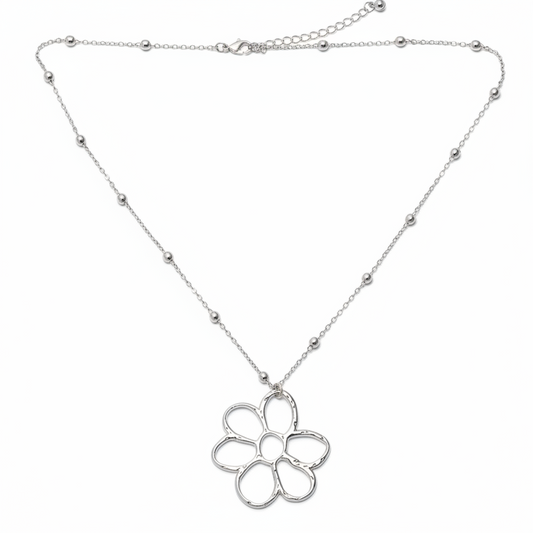 Open Flower Pendant On Ball Chain - Silver Plate