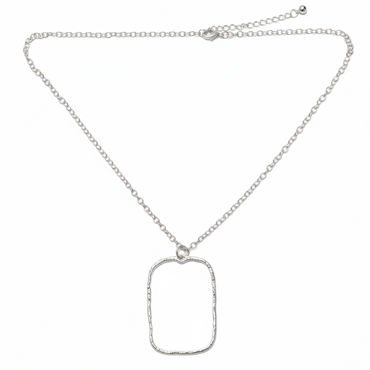 Hammered Rectangular Pendant On Simple Chain - Silver Plate