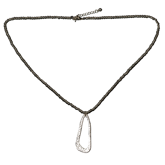 Hammered Oval Pendant On Ball Chain - Silver Plate