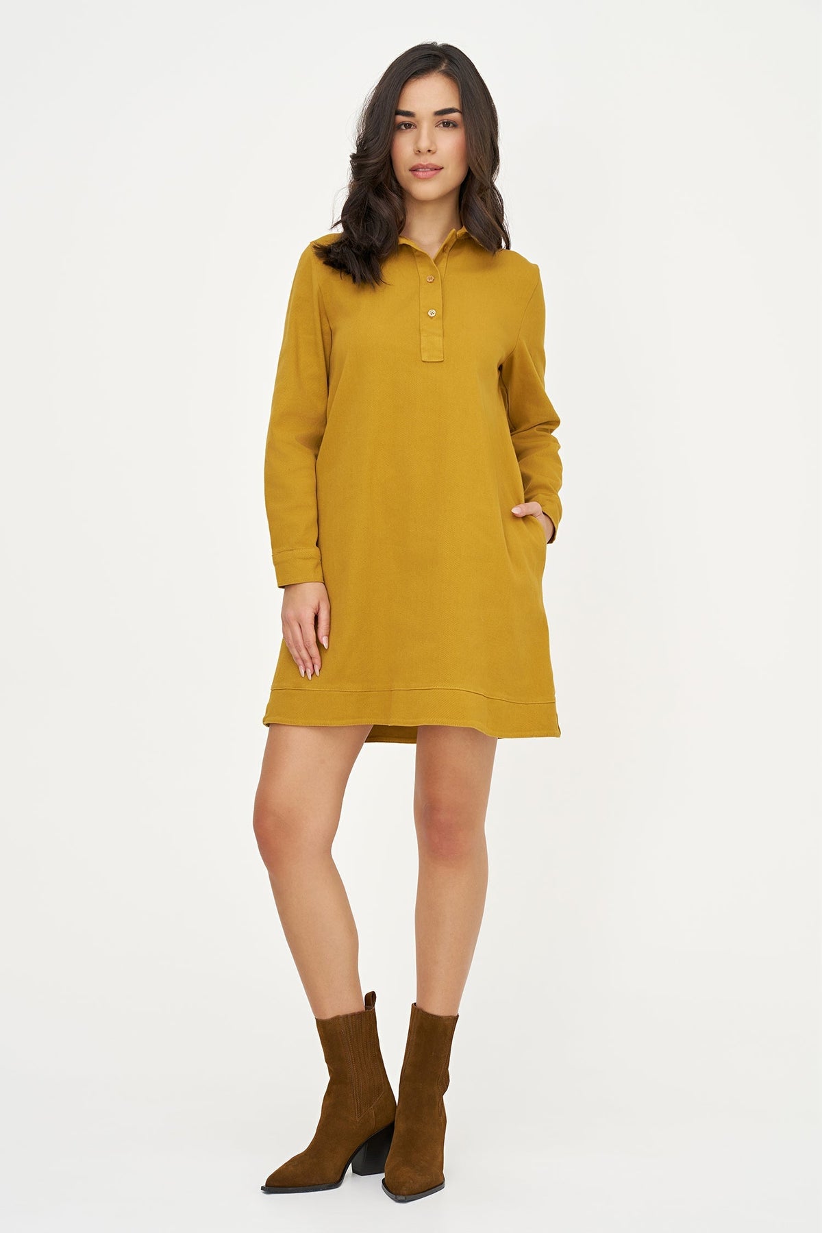 Women's A-Line Dress, Long Sleeves, Partial Button Placket & Pockets
