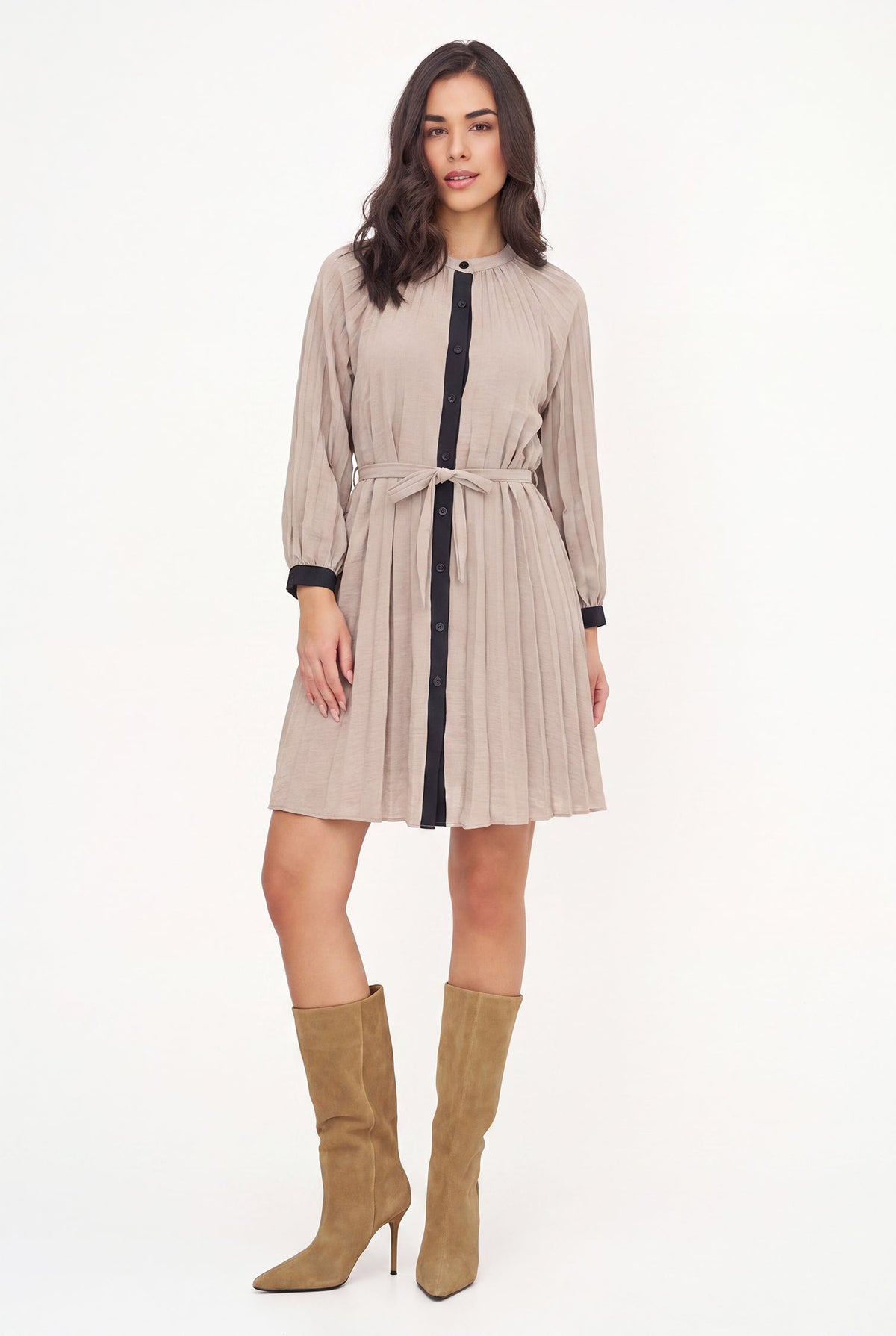 Women's Color-Block Pleated Shirt Dress