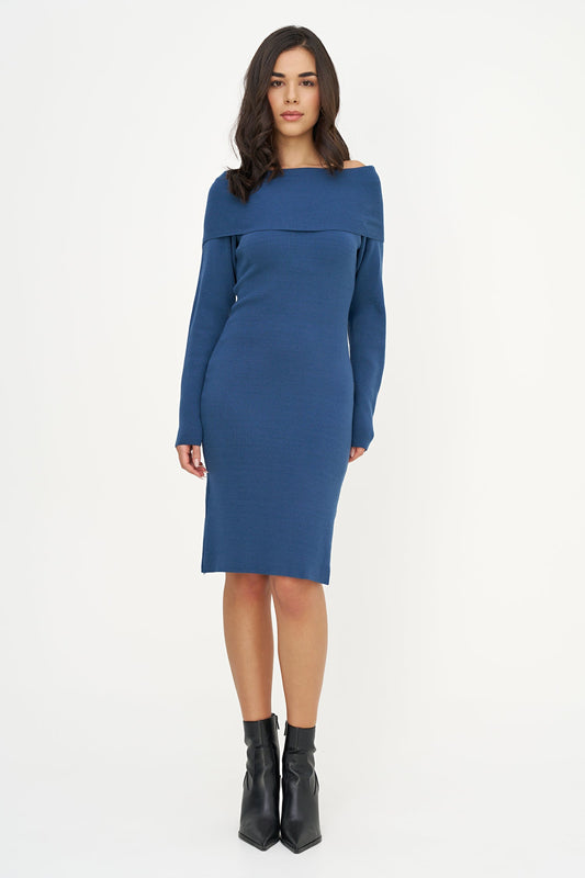 Women's Knit Off-Shoulder Dress with Foldover Neckline & Long Sleeves