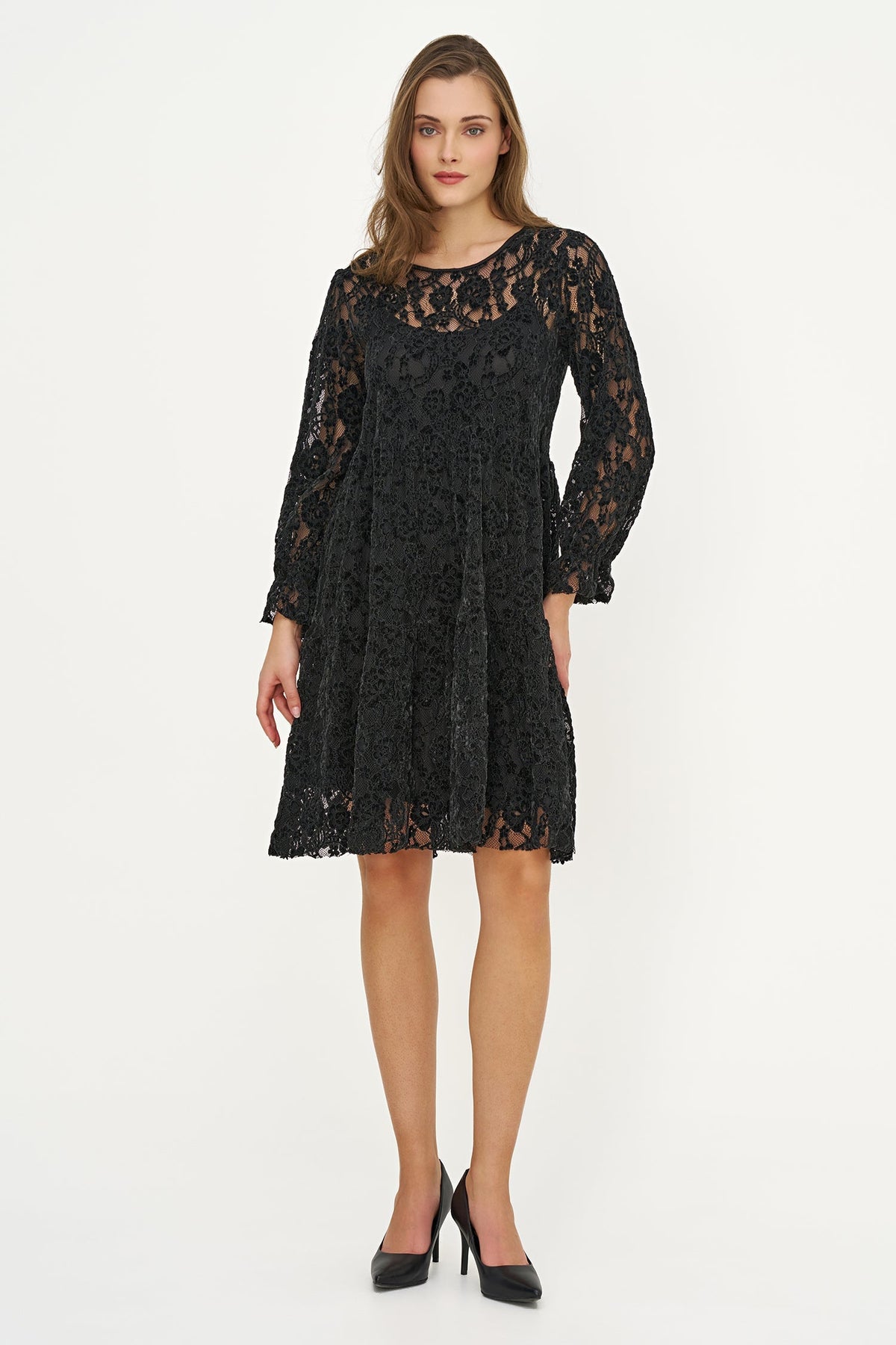 Women's Crew-Neck Babydoll Dress, Long Ruffled Sleeves & Ruffle Hem