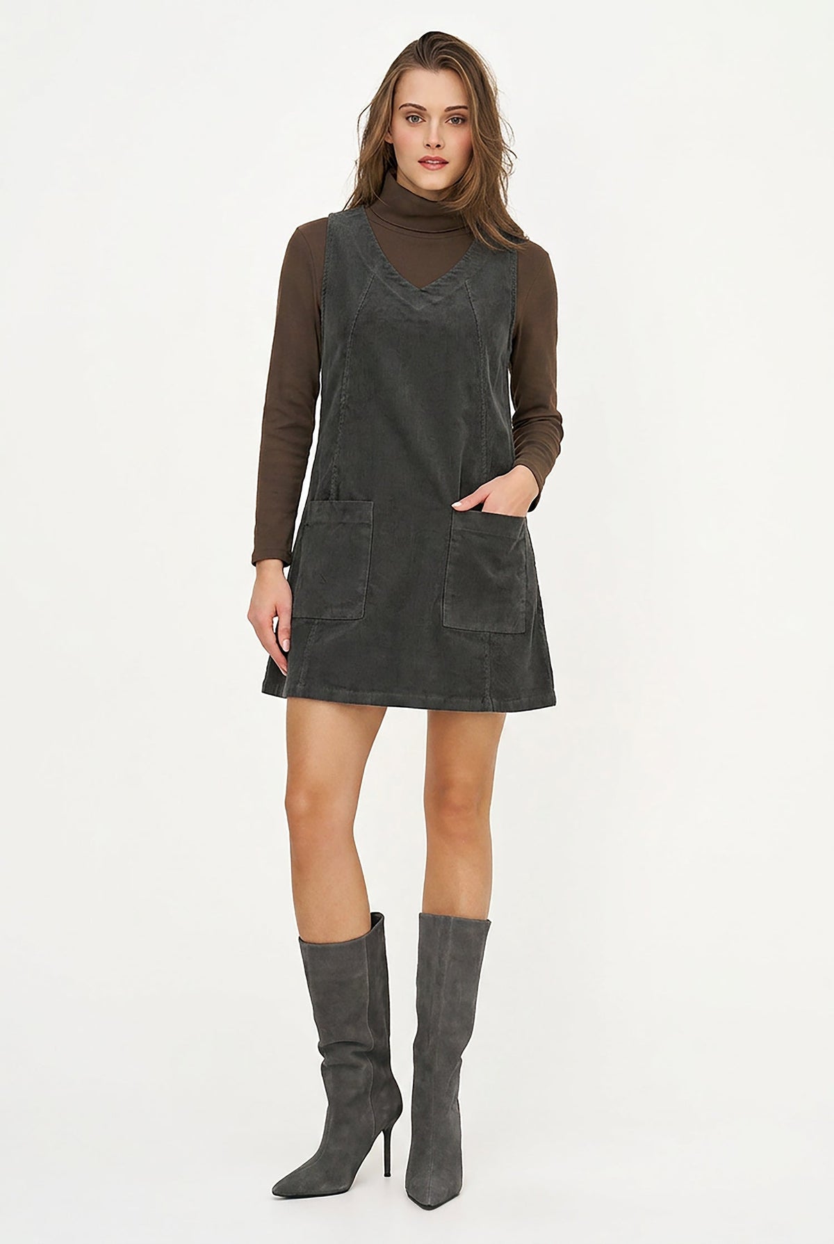 Women's Corduroy Sleeveless V-Neck Dress with Patch Pockets