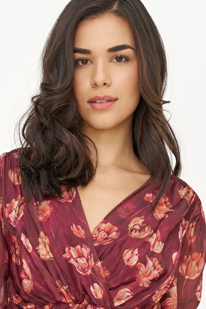 Women's Printed Woven Dress, Long Sleeves & Fixed Crossover V-Neck