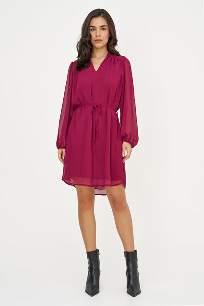 Women's Woven V-Neck Dress, Long Sleeves & Removable String Belt