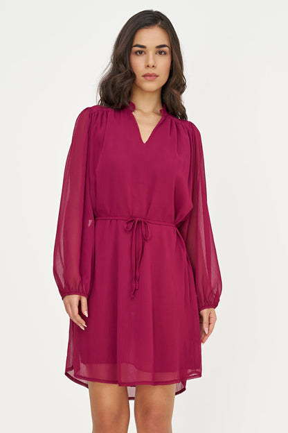 Women's Woven V-Neck Dress, Long Sleeves & Removable String Belt