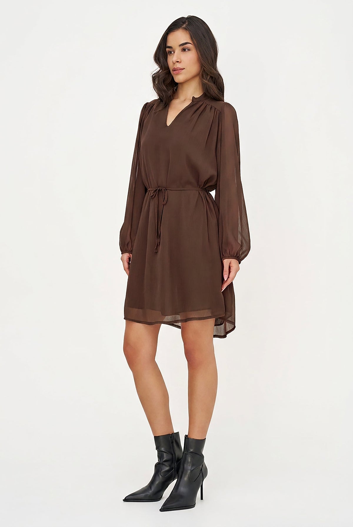 Women's Woven V-Neck Dress, Long Sleeves & Removable String Belt