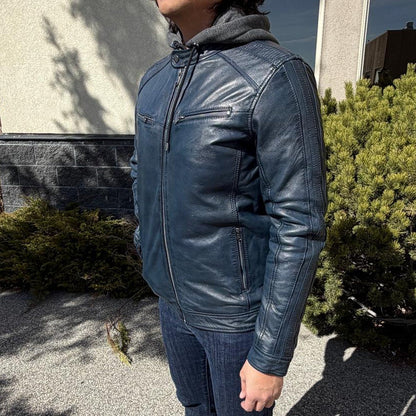Men’s Hooded Leather Jacket. Sheep Leather Jacket with Removable Hood