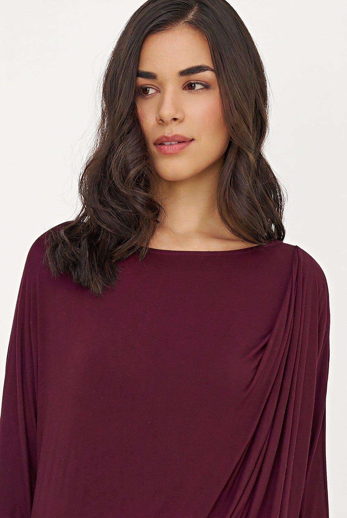 Women's Soft Knit Crew-Neck Tunic, 3/4 Sleeves & Draped Shoulder