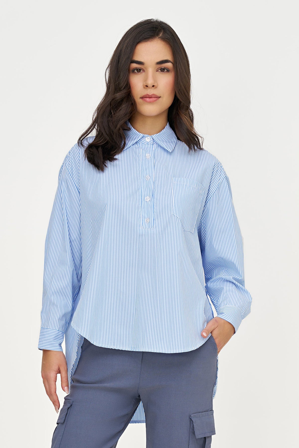Women's Striped Tunic, Long Sleeves, High-Low Hem & Side Buttons