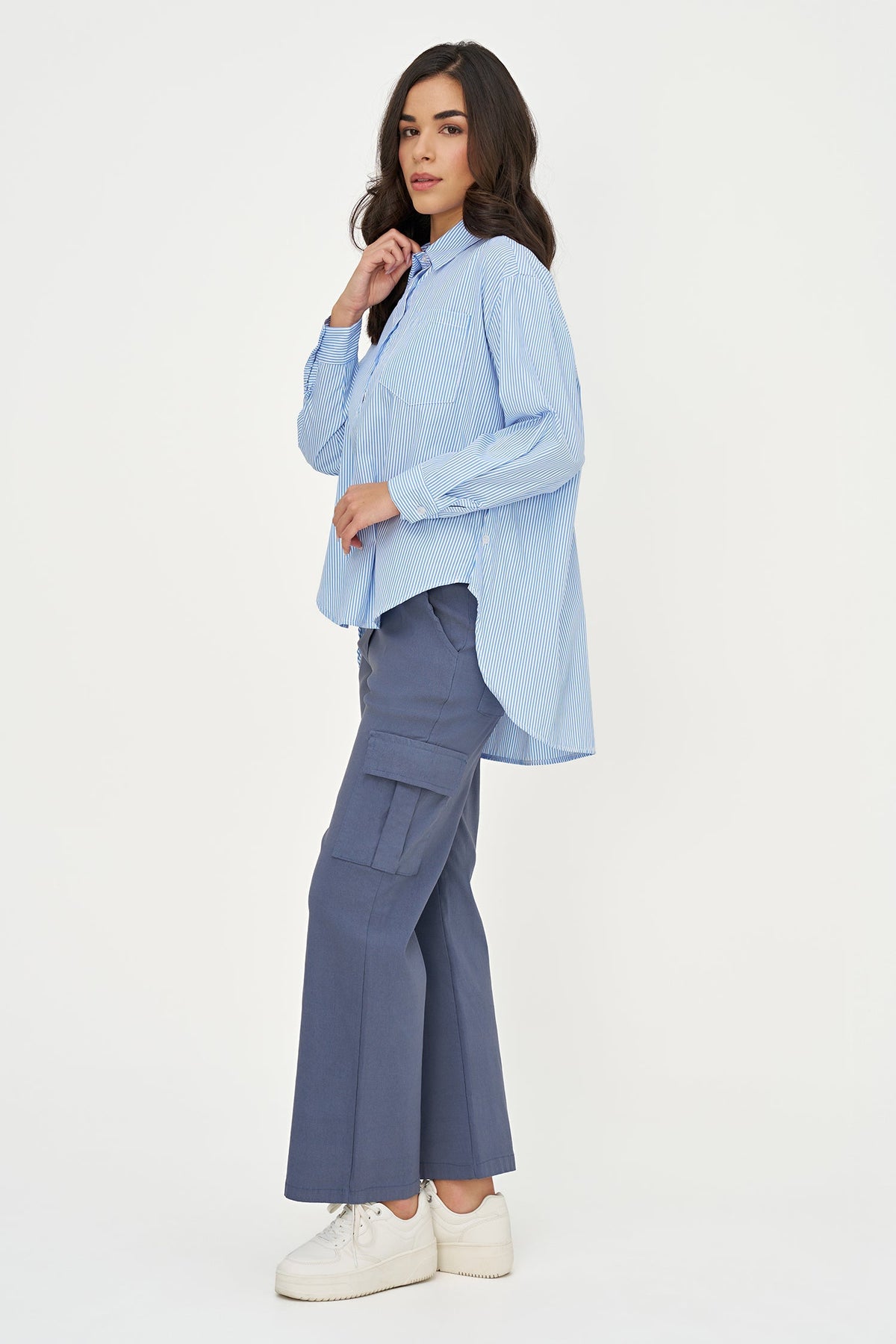 Women's Striped Tunic, Long Sleeves, High-Low Hem & Side Buttons