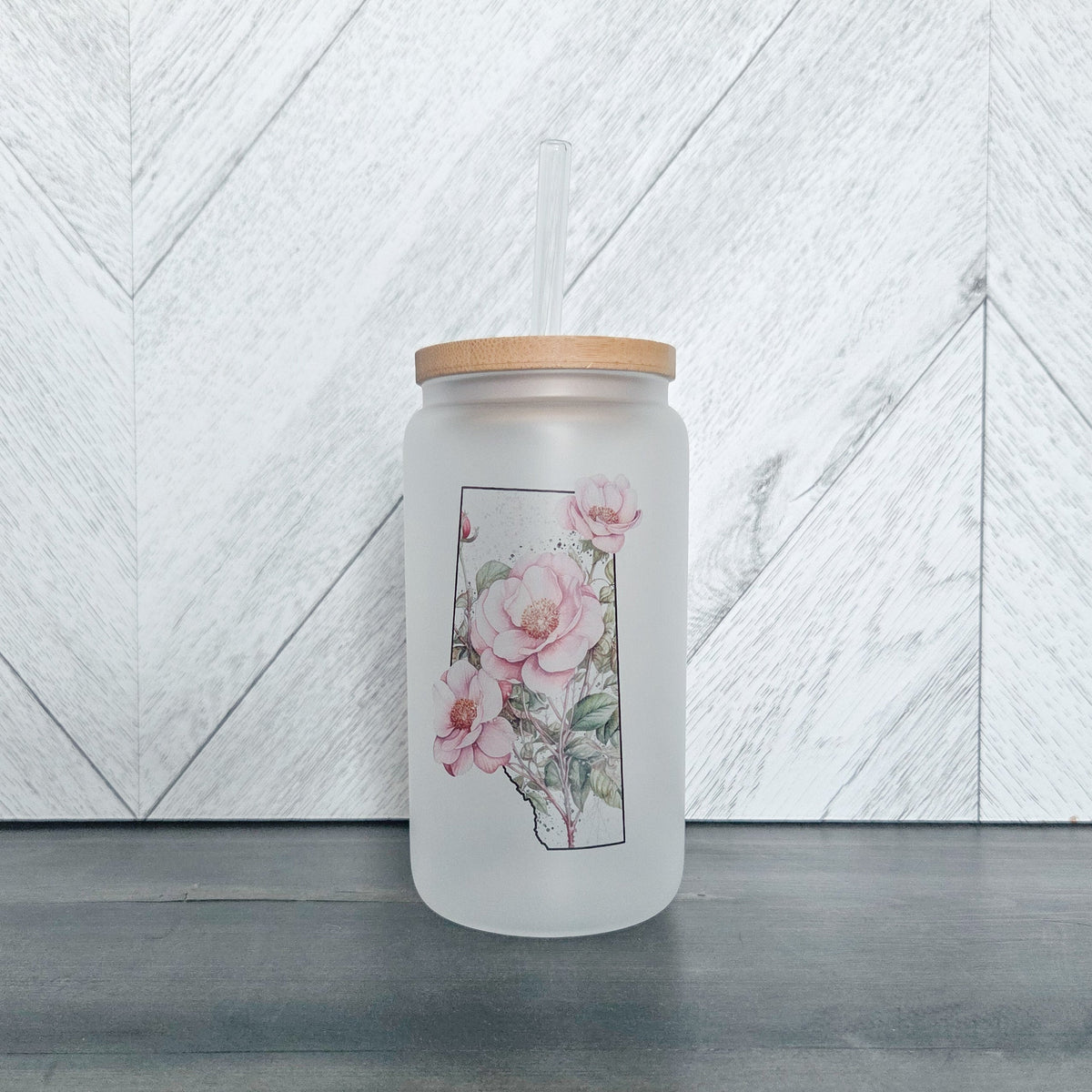 Wild Rose Province Frosted Glass Can with Bamboo Lid | Drink Cup