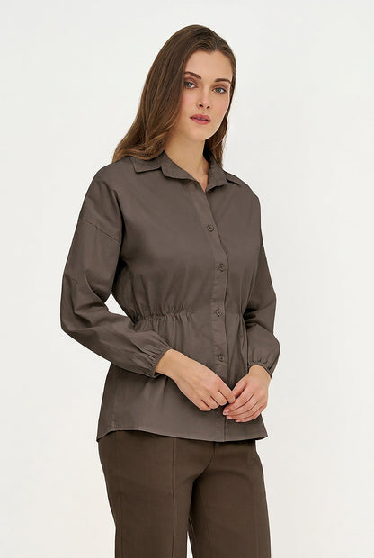 Women's Woven Button-Down Shirt, Long Sleeves & Elastic Waist
