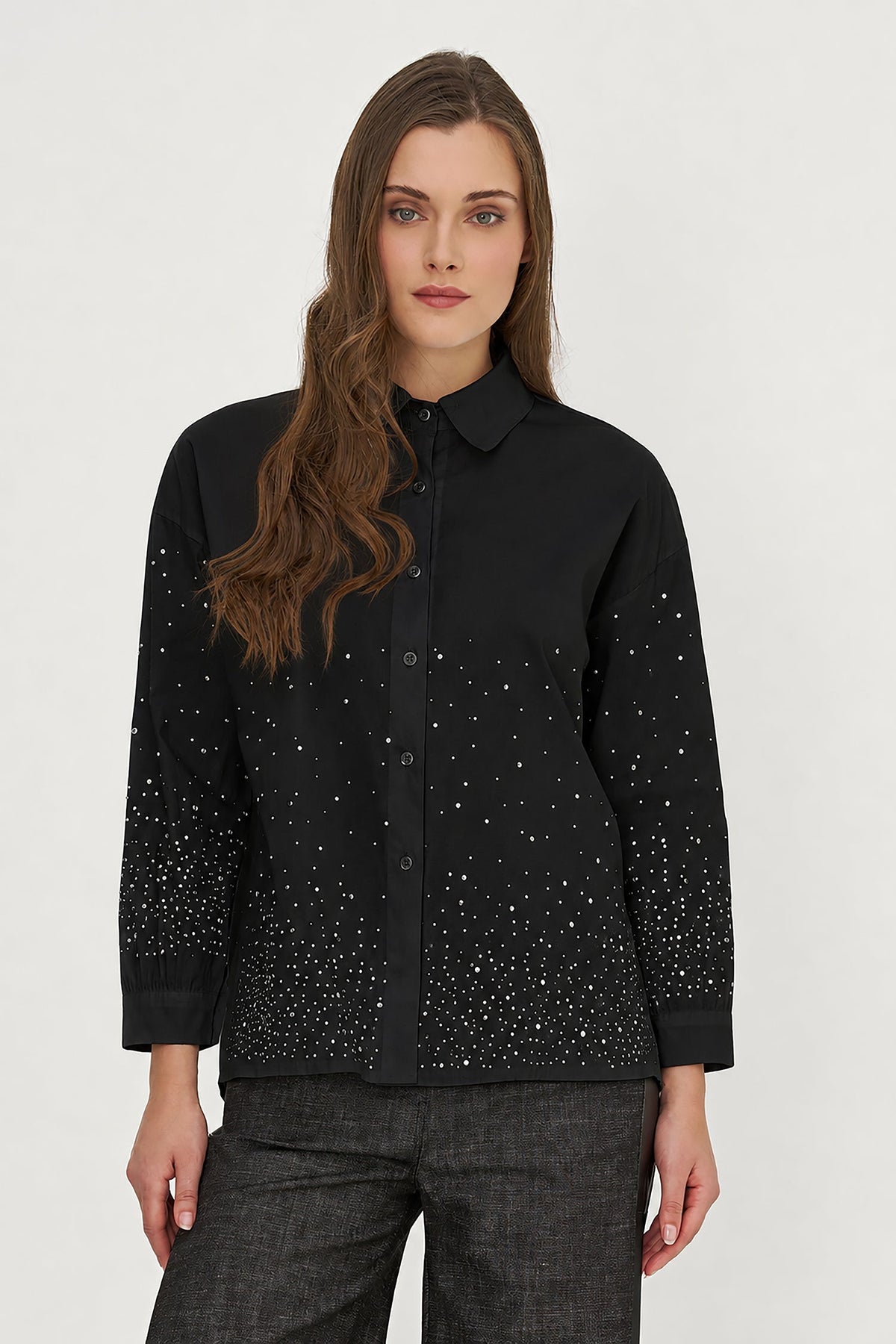 Women's Woven Button-Down Shirt with Long Sleeves & Decorative Studs